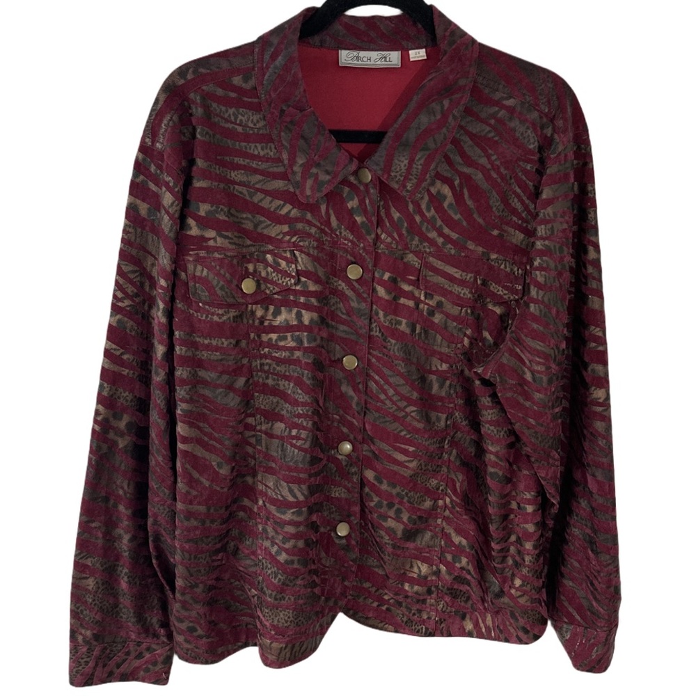 VTG BIRCH HILL women's burgundy zebra stripe animal print collared jacket, 2XL.